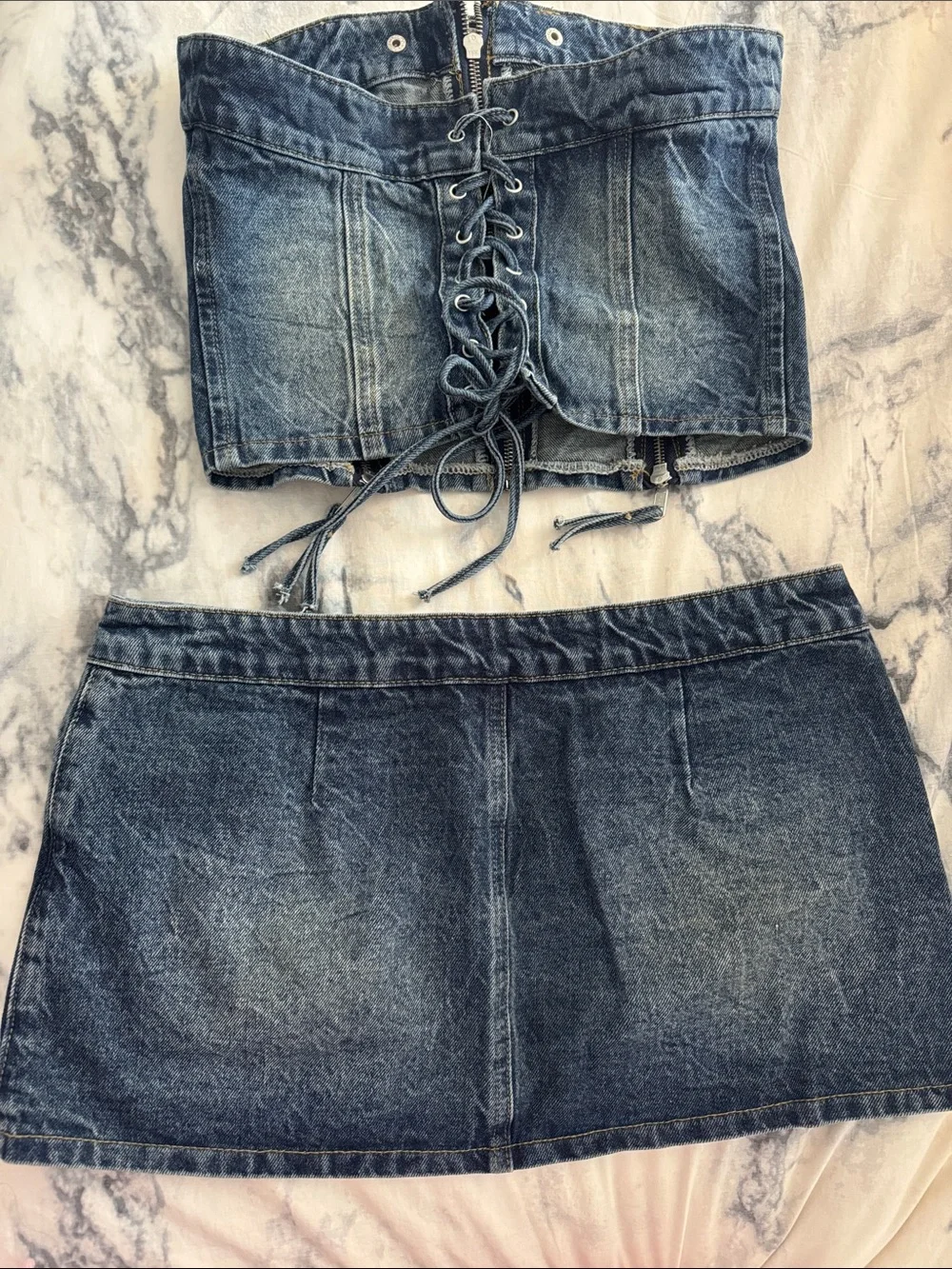 Edikted Washed Blue Denim Mini Skirt and Corset Top with Front Zippers